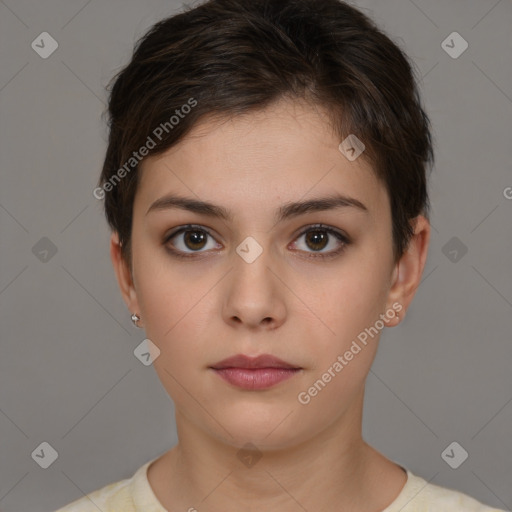 Neutral white young-adult female with short  brown hair and brown eyes