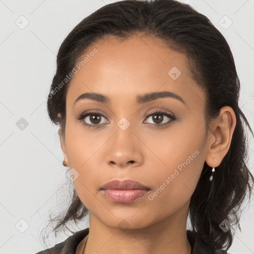 Neutral latino young-adult female with long  brown hair and brown eyes