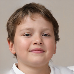 Joyful white child female with short  brown hair and brown eyes