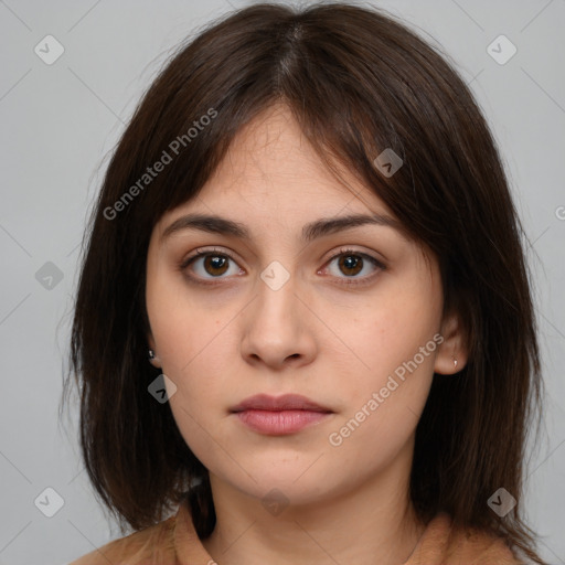 Neutral white young-adult female with medium  brown hair and brown eyes