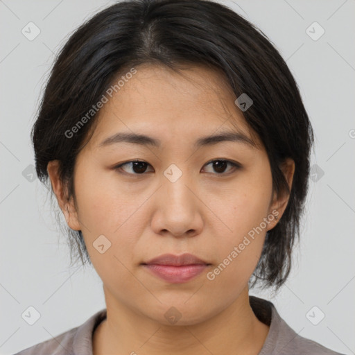 Neutral asian young-adult female with medium  brown hair and brown eyes