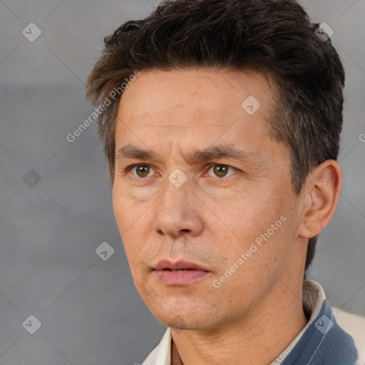 Neutral white adult male with short  brown hair and brown eyes