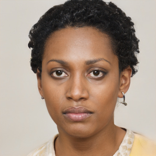 Neutral black young-adult female with short  black hair and brown eyes