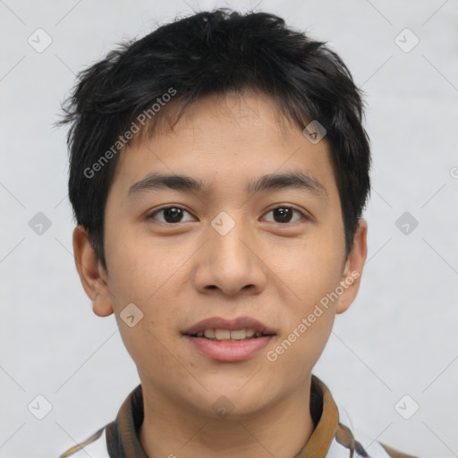 Joyful asian young-adult male with short  brown hair and brown eyes