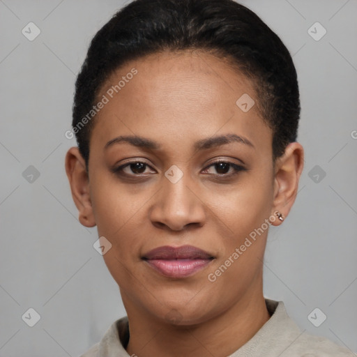 Joyful latino young-adult female with short  black hair and brown eyes