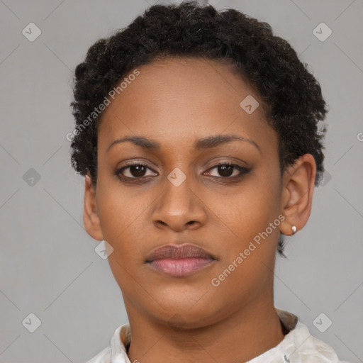 Neutral black young-adult female with short  brown hair and brown eyes