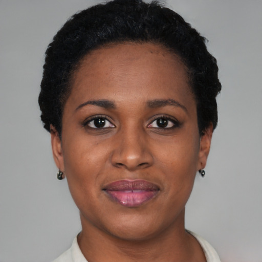 Joyful black young-adult female with short  black hair and brown eyes