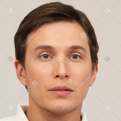 Neutral white young-adult male with short  brown hair and brown eyes