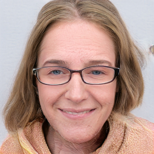 Joyful white adult female with medium  brown hair and blue eyes