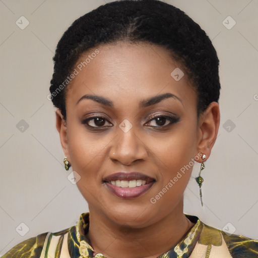 Joyful latino young-adult female with short  black hair and brown eyes
