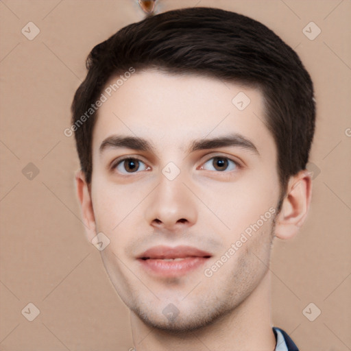 Neutral white young-adult male with short  brown hair and brown eyes