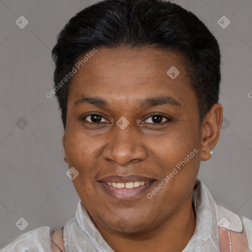 Joyful latino adult female with short  brown hair and brown eyes
