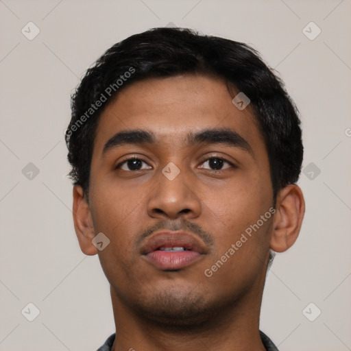 Neutral latino young-adult male with short  black hair and brown eyes