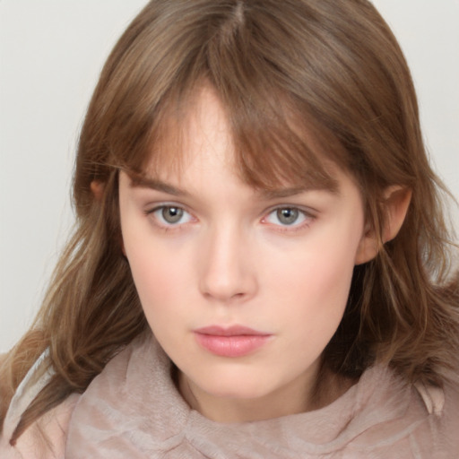 Neutral white young-adult female with medium  brown hair and grey eyes