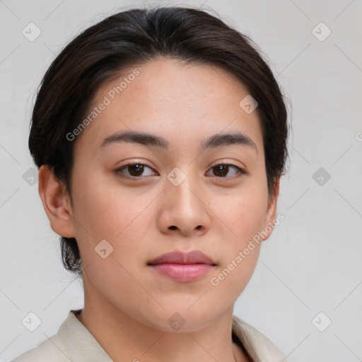 Neutral asian young-adult female with medium  brown hair and brown eyes