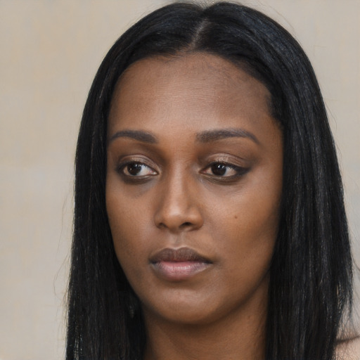 Neutral asian young-adult female with long  black hair and brown eyes