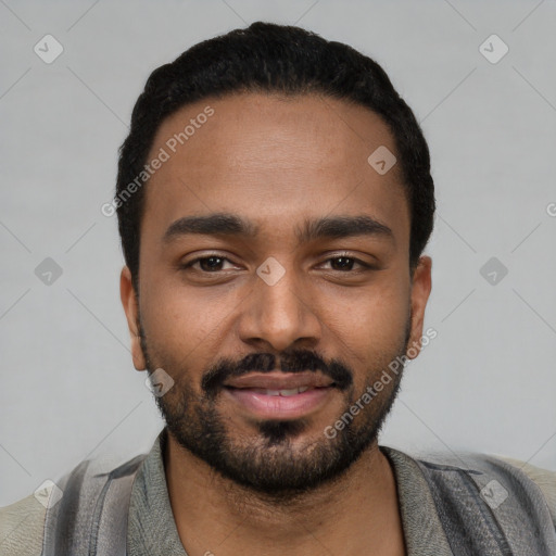 Joyful black young-adult male with short  black hair and brown eyes