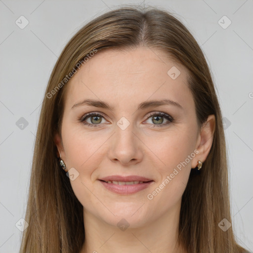 Joyful white young-adult female with long  brown hair and grey eyes