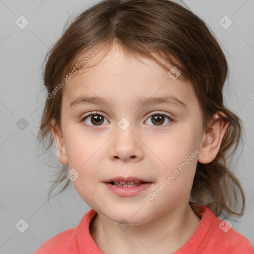 Joyful white child female with medium  brown hair and brown eyes