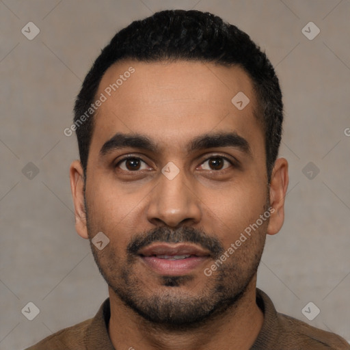 Neutral latino young-adult male with short  black hair and brown eyes