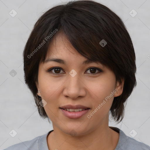 Joyful white young-adult female with medium  brown hair and brown eyes