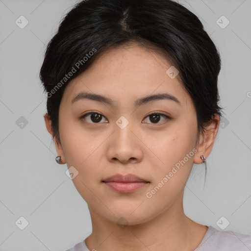 Neutral asian young-adult female with medium  brown hair and brown eyes