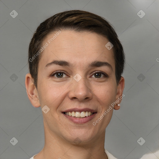 Joyful white young-adult female with short  brown hair and brown eyes