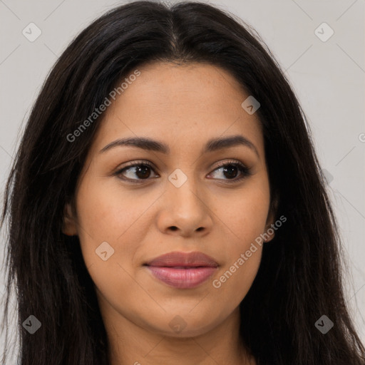 Joyful latino young-adult female with long  brown hair and brown eyes