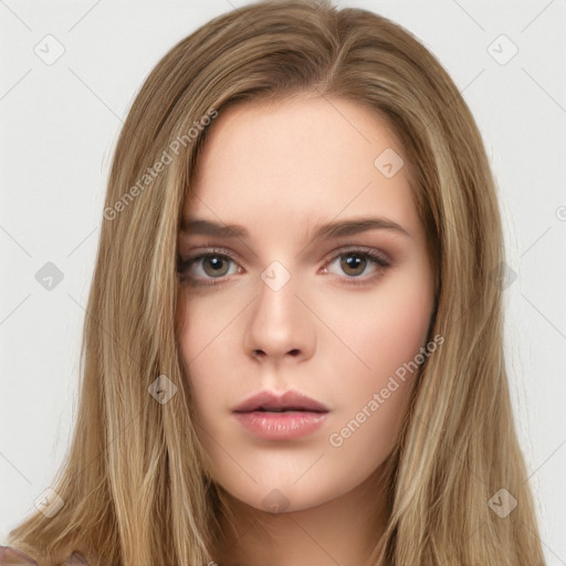 Neutral white young-adult female with long  brown hair and brown eyes