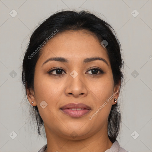 Joyful latino young-adult female with medium  brown hair and brown eyes