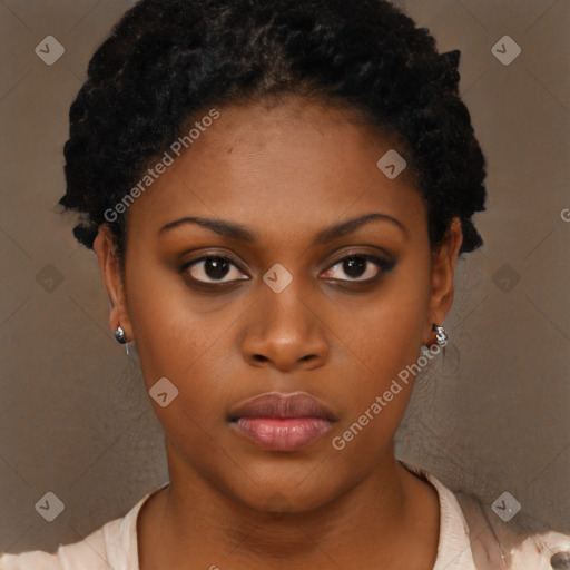 Neutral black young-adult female with short  brown hair and brown eyes