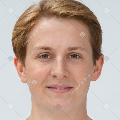 Joyful white young-adult female with short  brown hair and grey eyes