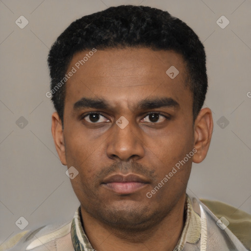 Neutral latino young-adult male with short  black hair and brown eyes