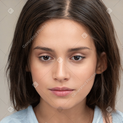 Neutral white young-adult female with medium  brown hair and brown eyes