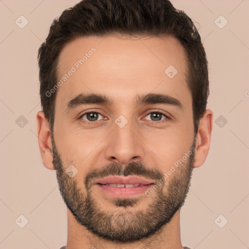 Joyful white young-adult male with short  brown hair and brown eyes