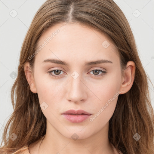 Neutral white young-adult female with long  brown hair and grey eyes