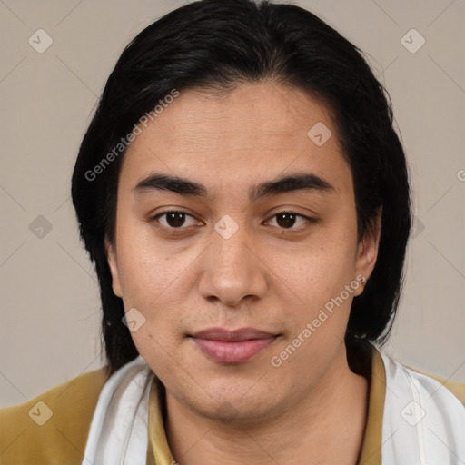 Joyful latino young-adult female with medium  brown hair and brown eyes