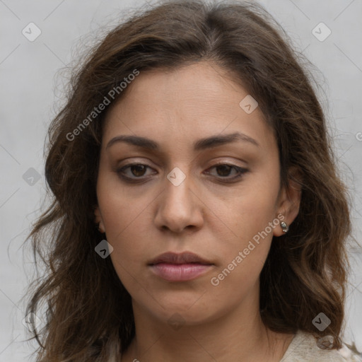 Neutral white young-adult female with long  brown hair and brown eyes