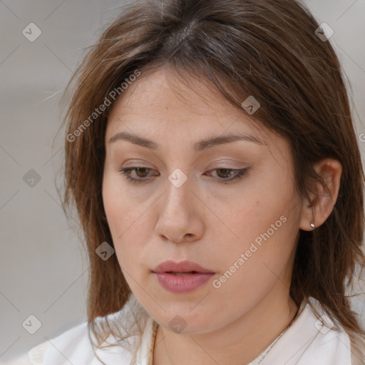 Neutral white young-adult female with medium  brown hair and brown eyes