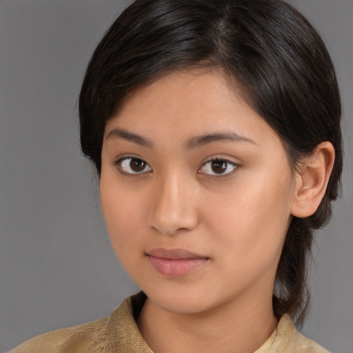 Neutral white young-adult female with medium  brown hair and brown eyes