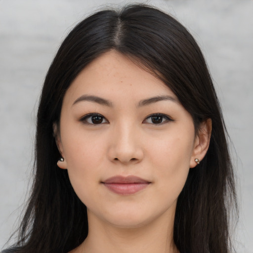Neutral asian young-adult female with long  brown hair and brown eyes
