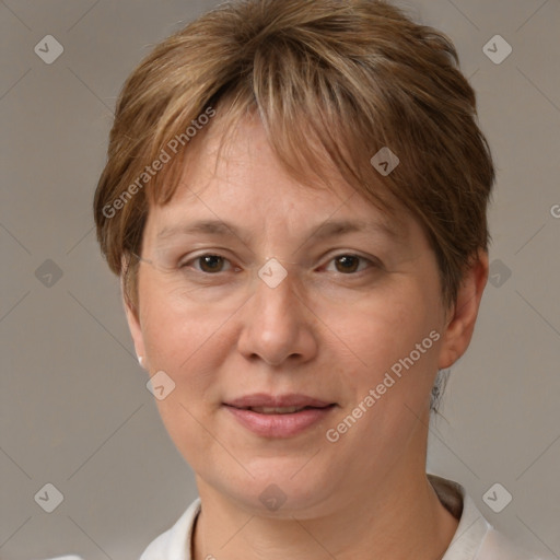 Joyful white adult female with short  brown hair and brown eyes