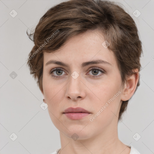 Neutral white young-adult female with medium  brown hair and grey eyes