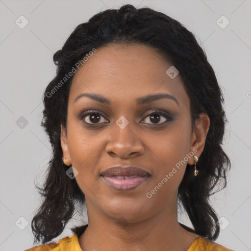 Joyful black young-adult female with medium  black hair and brown eyes