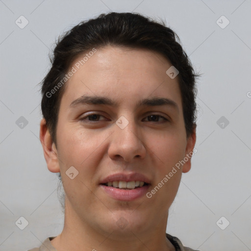 Joyful white young-adult female with short  brown hair and brown eyes