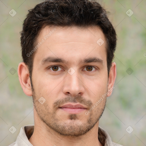 Neutral white young-adult male with short  brown hair and brown eyes