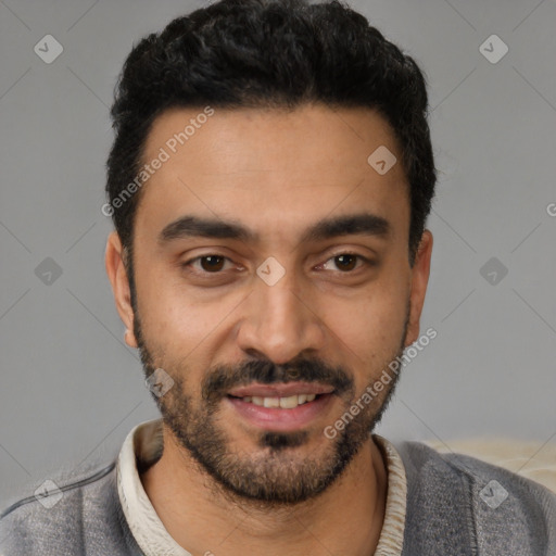 Joyful latino young-adult male with short  black hair and brown eyes