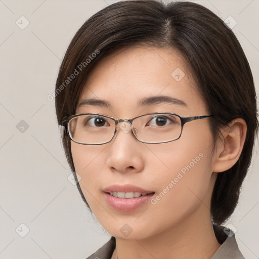 Neutral white young-adult female with medium  brown hair and brown eyes