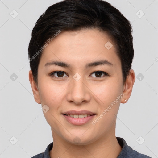 Joyful white young-adult female with short  brown hair and brown eyes