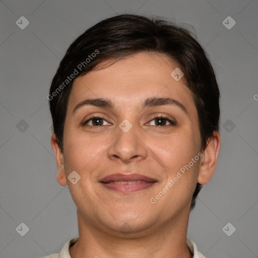 Joyful white young-adult female with short  brown hair and brown eyes